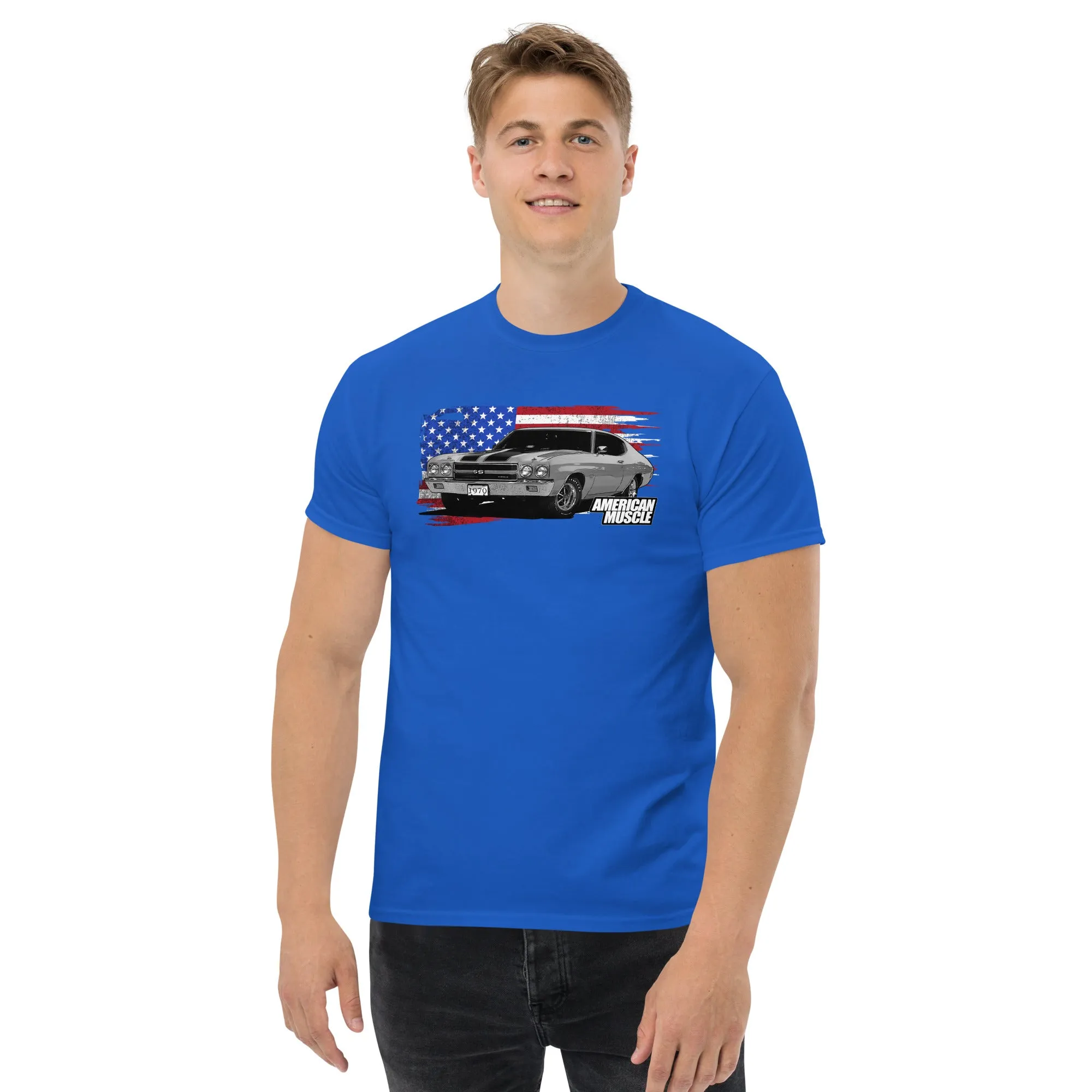 1970 Chevelle Muscle Car T-Shirt With American Flag Design