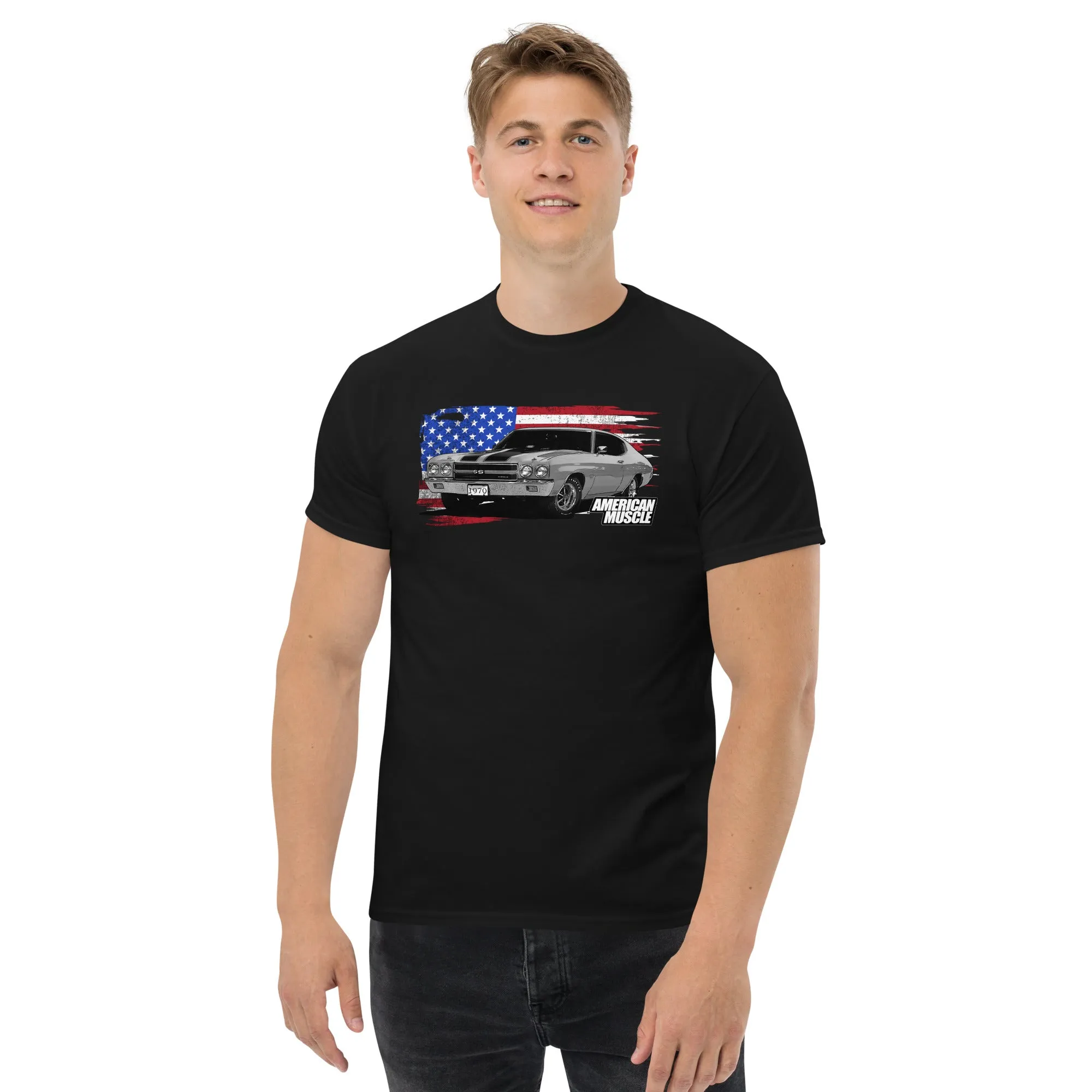 1970 Chevelle Muscle Car T-Shirt With American Flag Design