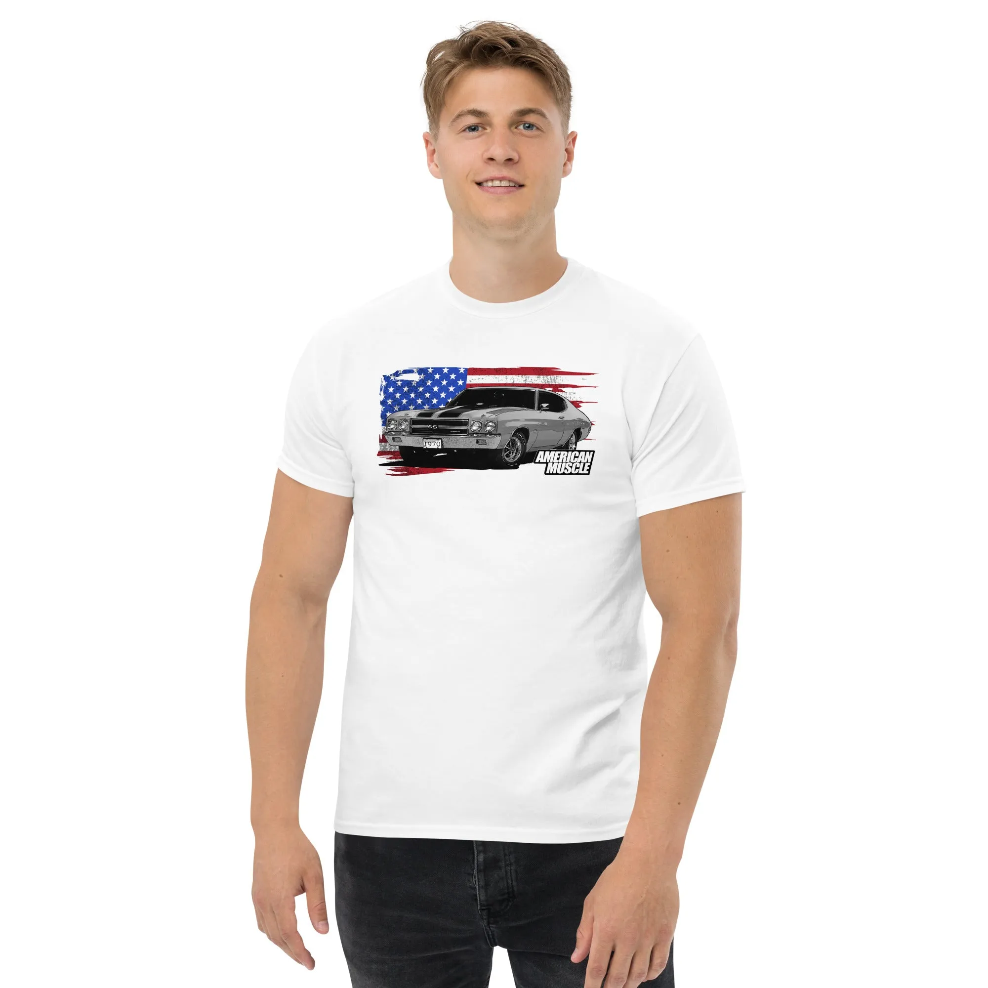 1970 Chevelle Muscle Car T-Shirt With American Flag Design