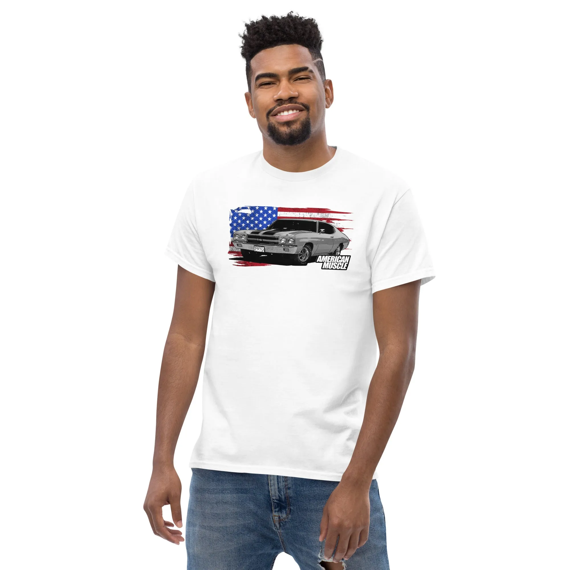 1970 Chevelle Muscle Car T-Shirt With American Flag Design