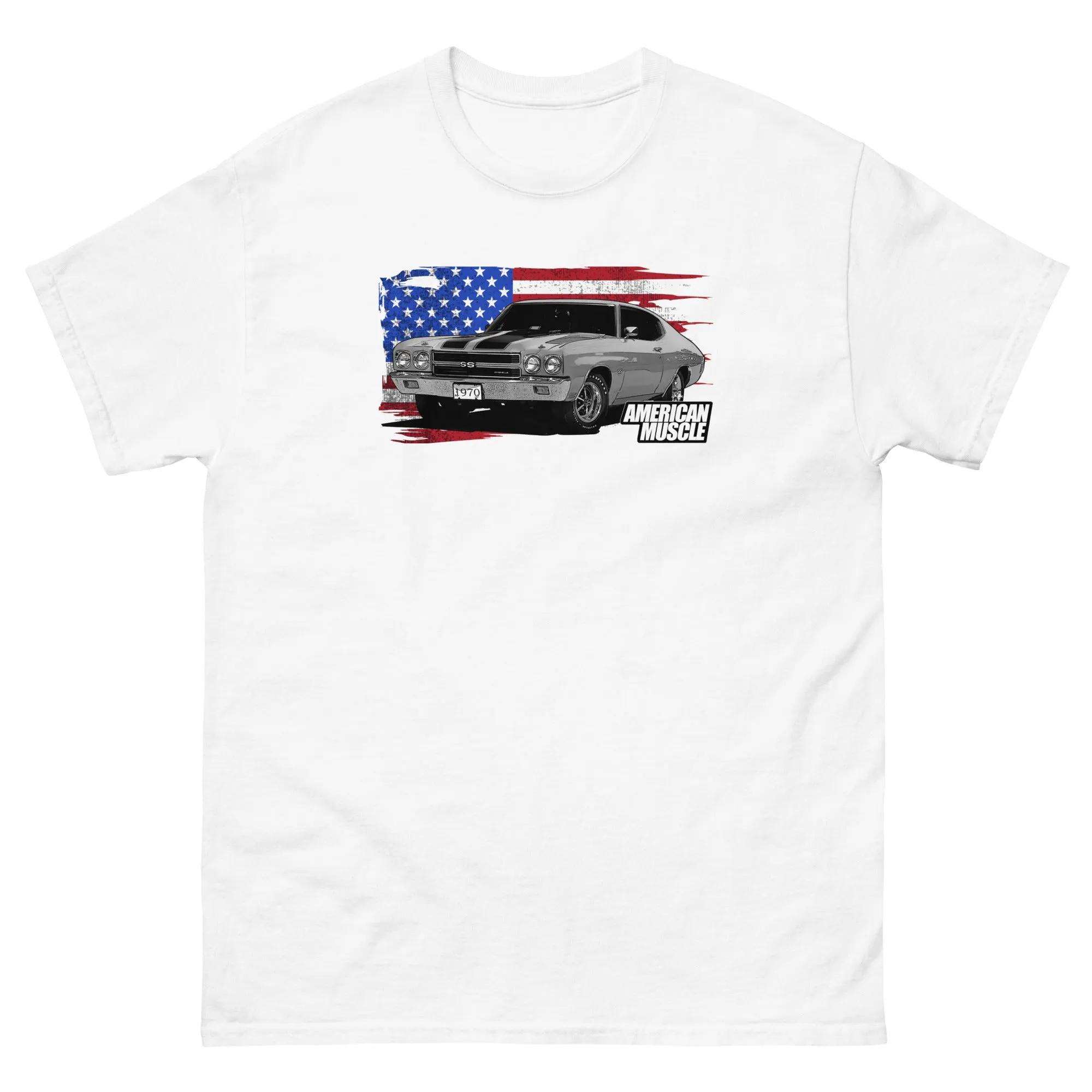 1970 Chevelle Muscle Car T-Shirt With American Flag Design