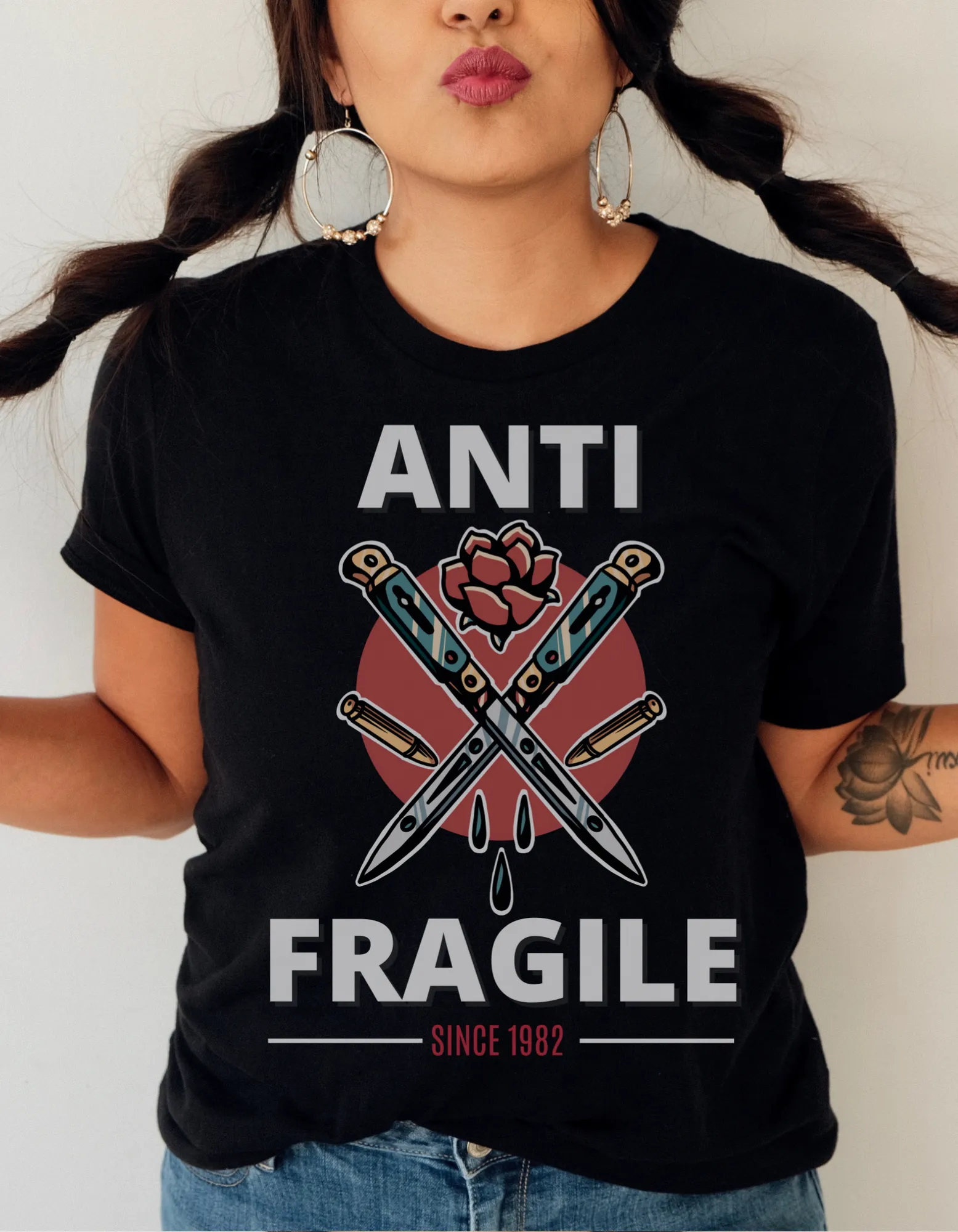 Anti Fragile Tattoo T-shirt / Switchblade Knife Rose Bullet Unisex Vintage Traditional Tattoo Tee Shirt / Punk Rock Clothing Tshirt