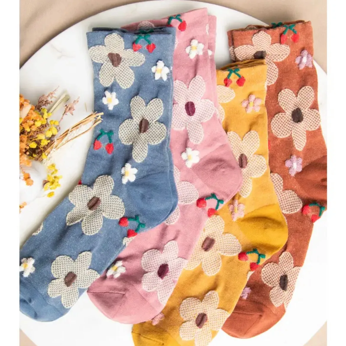 Floral Printed Texture Crew Sock - Caramel