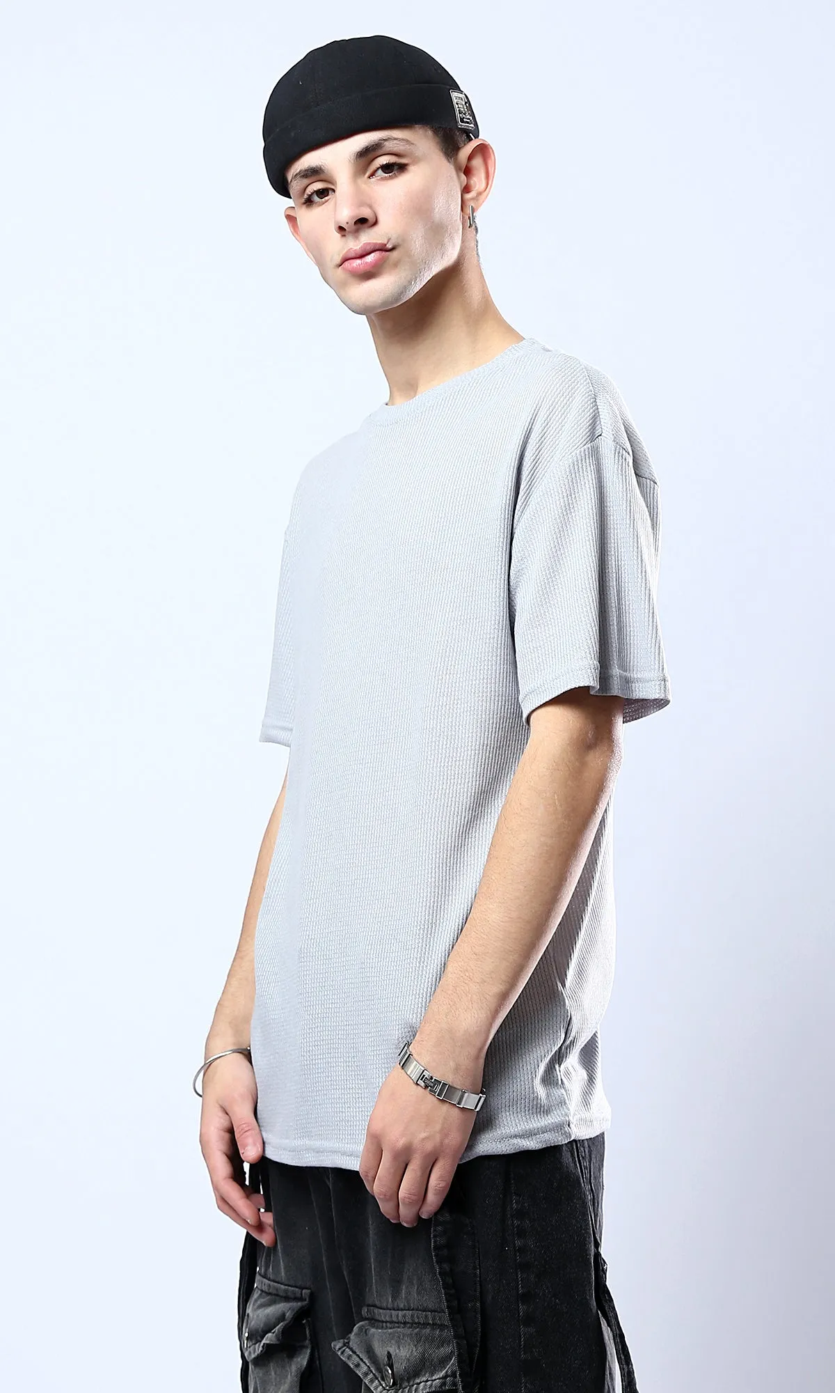 O178879 Self Pattern Grey Elbow-Sleeves Cotton Tee