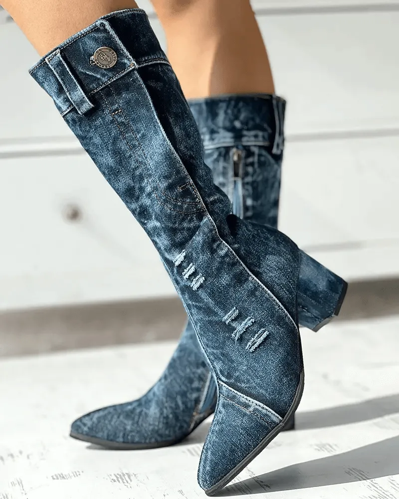 Pointed Toe Denim Zipper Boots