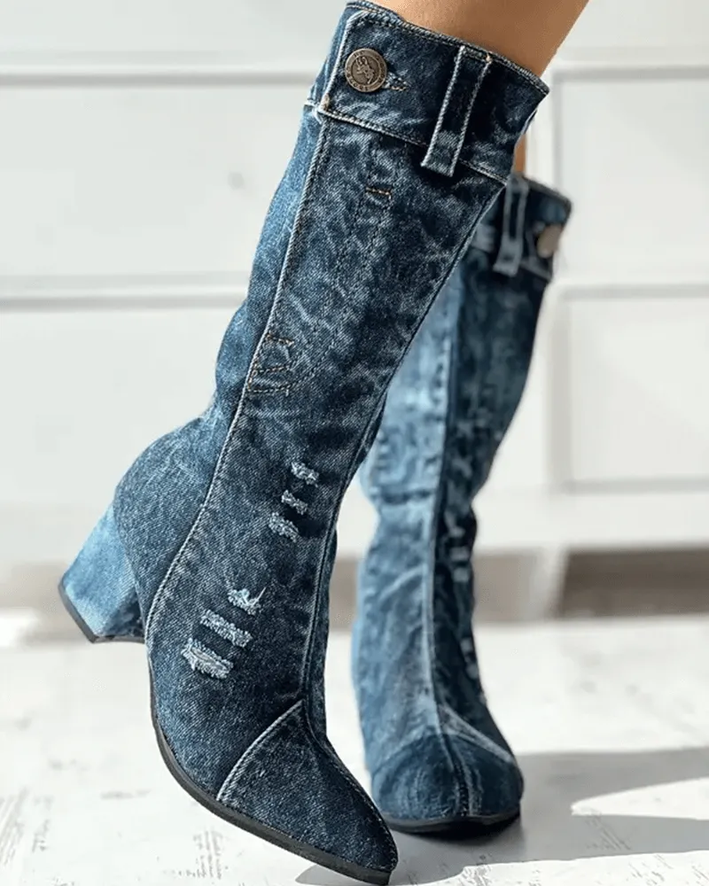 Pointed Toe Denim Zipper Boots