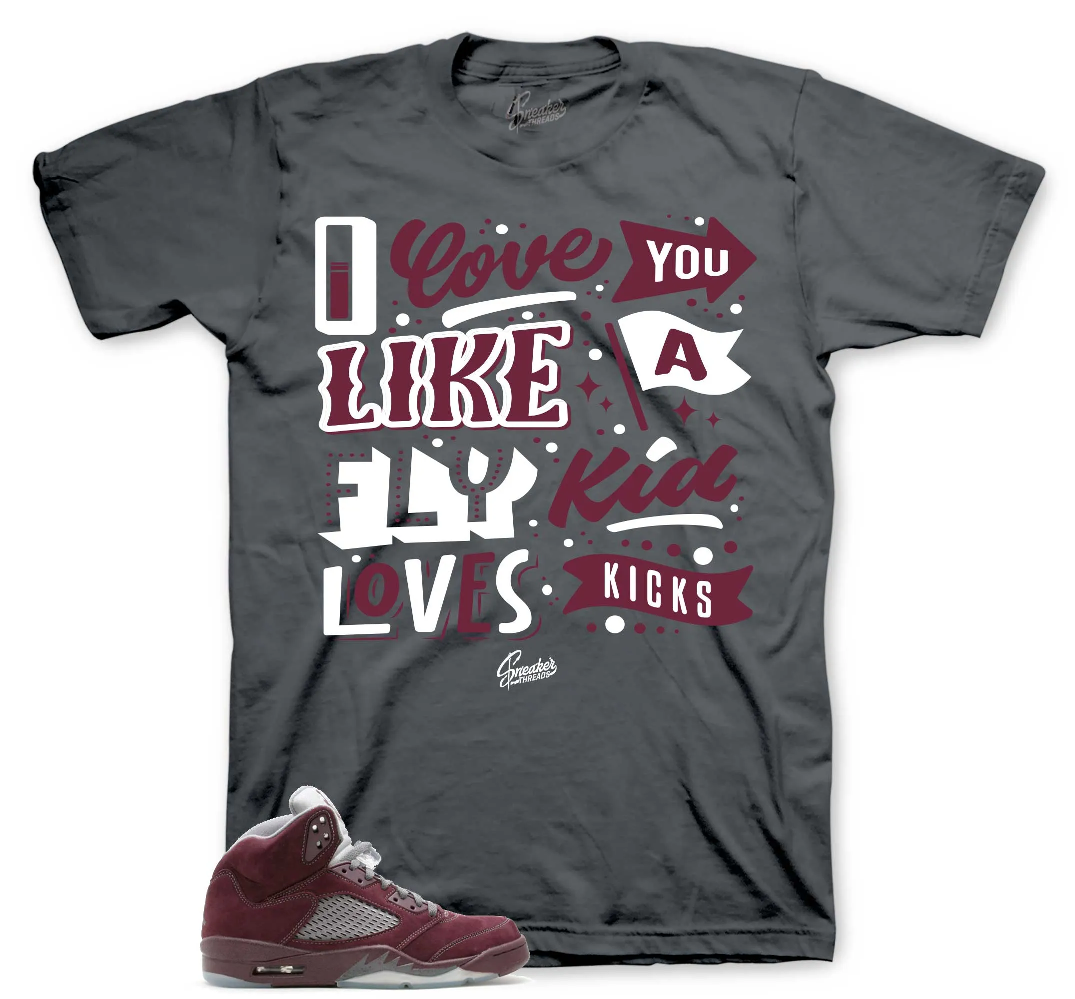 Retro 5 Burgundy Shirt - Love Kicks - Charcoal