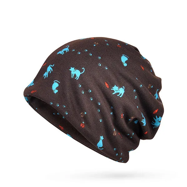 Women Cotton Cat Printing Beanie Hats Casual Outdoor Warm For Both Hats And Scarf Use